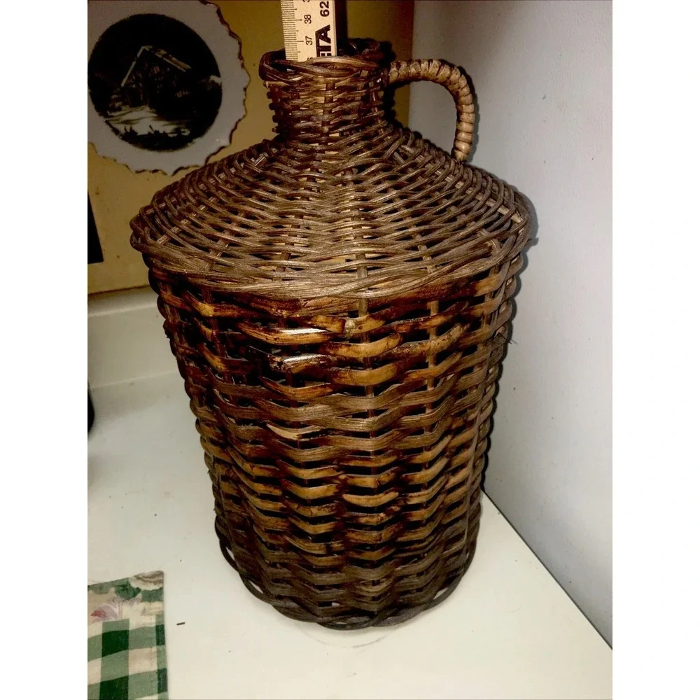 Vintage French Demijohn Wine Bottle Holder Wicker Rattan, 15